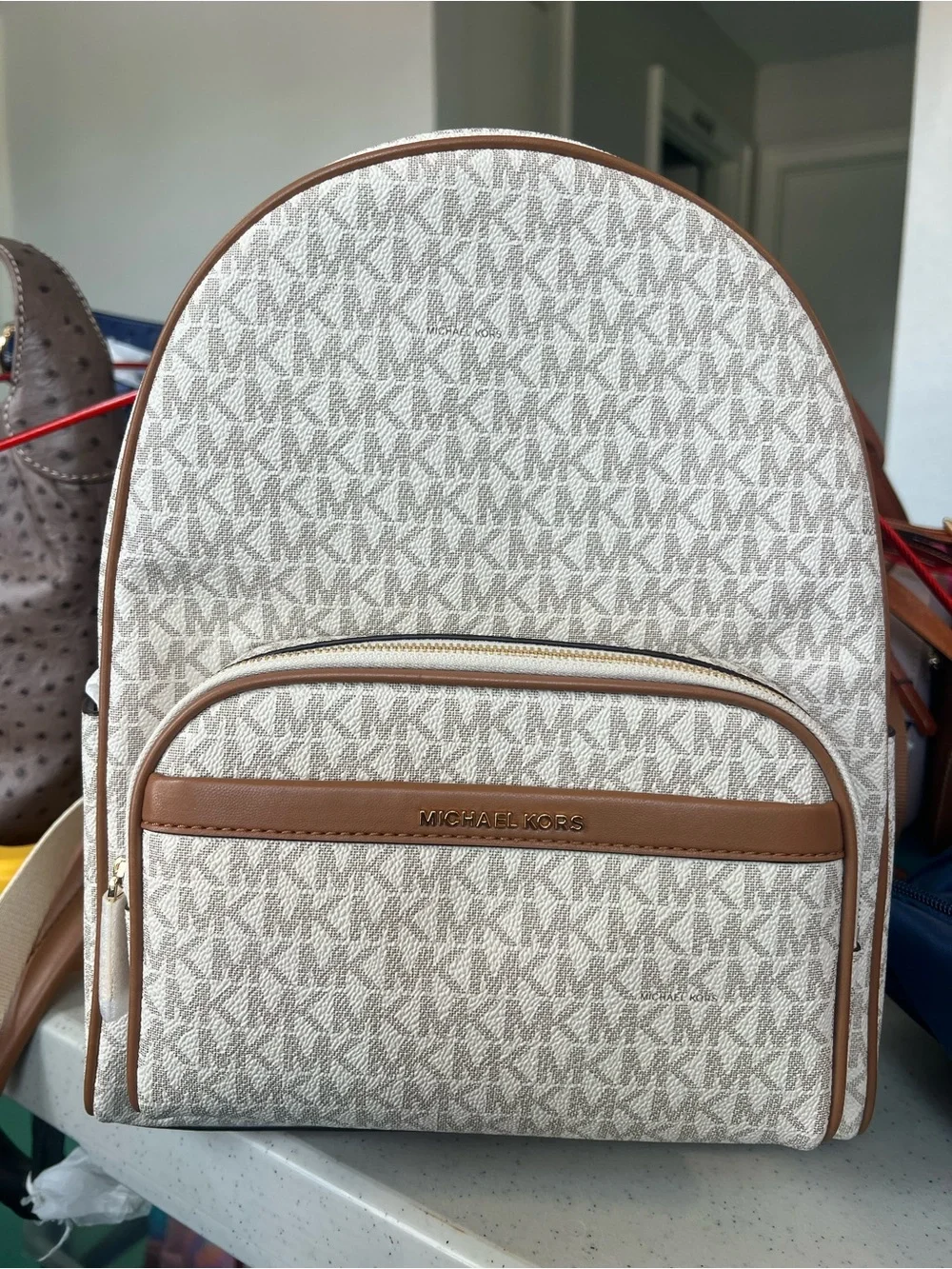 Michael Kors Cream and Brown Logo Backpack